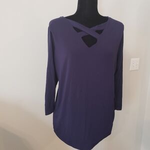 INC International Concepts Plus Navy Crisscross Neck 3/4 Sleeve Top